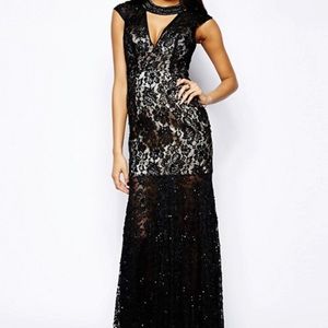 FOREVER UNIQUE Beaded Black Lace Gown